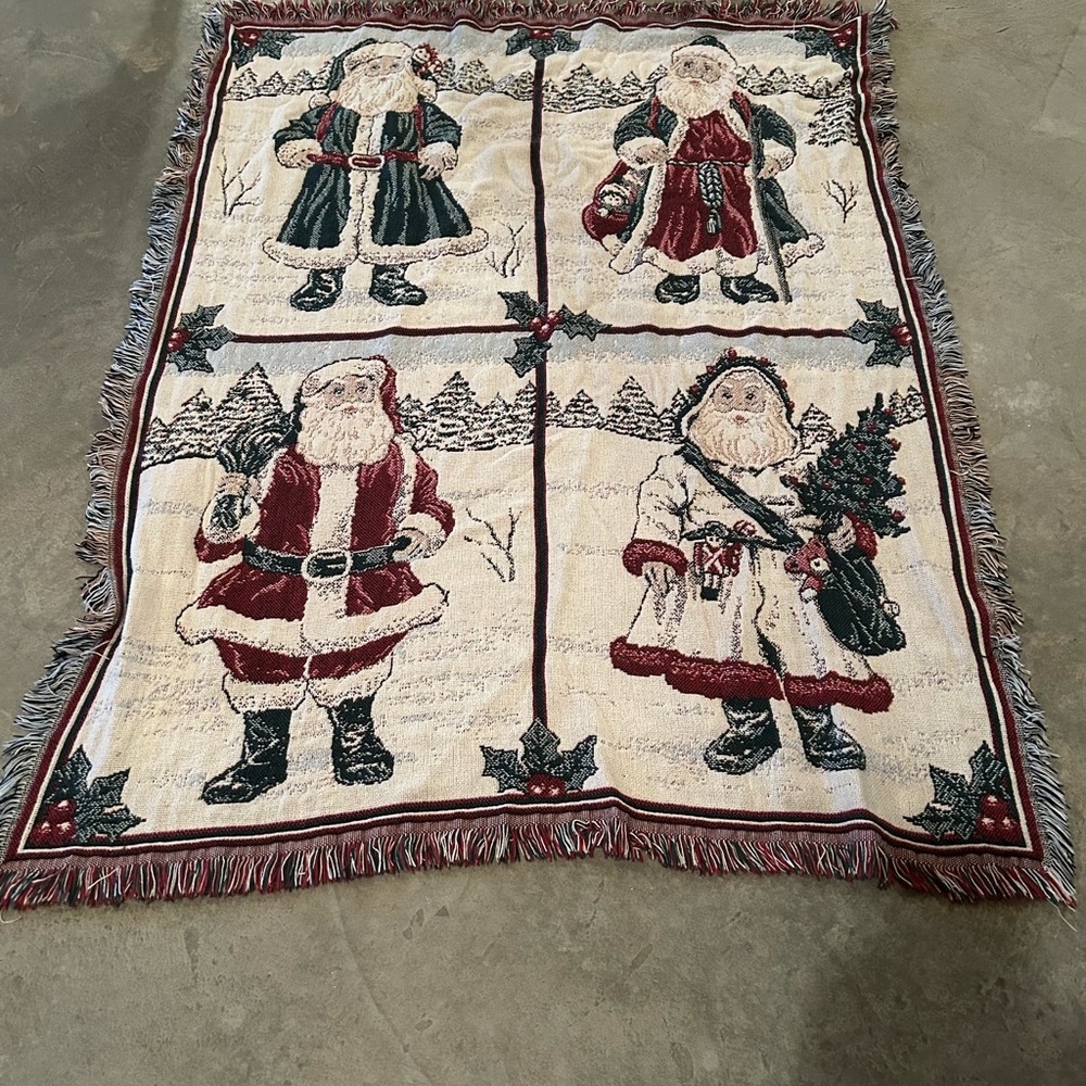 Vintage Crown Craft Tapestry with Festive Santa Holiday Pattern. Throw Blanket.